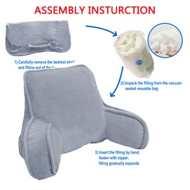 BYTIDE Super Soft Assembly Needed DIY Backrest Reading Bed Rest Pillow with Arms and Pockets 18" H for Sitting in Bed Couch Sofa, Removable Cover and Filling Seprated Set, 20" x 18" x 17", Lilac Grey