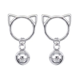 Hiqmic 925 Sterling Silver Cute Cat Head Jingle Bell Earrings Ear Stud White Gold Plated Jewellery Gift, WA90007-Silver