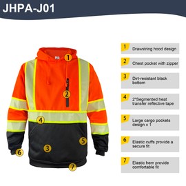 JHPAZUJA Safety Pullover Hoodies Jacket for Men ANSI Class 3 Reflective Sweatshirt with Black Bottom Pockets(Orange,2XL)