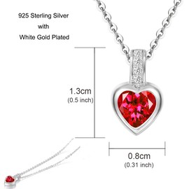 AGVANA Love Heart Birthstone Necklaces 925 Sterling Silver with White Gold Plated July Birthstone Created Red Ruby Fine Jewellery Birthday Gift for Women Girls, Length: 16 + 2 Inch