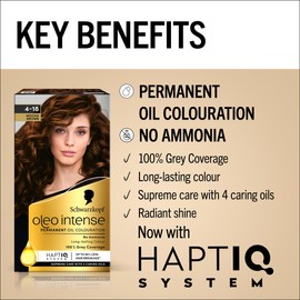 Schwarzkopf Oleo Intense Permanent Oil Colour 4-18 Mocha Brown Hair Dye, 100% Grey Coverage, Conditioner with HaptIQ System, Long-Lasting Colour, Ammonia Free Hair Dye