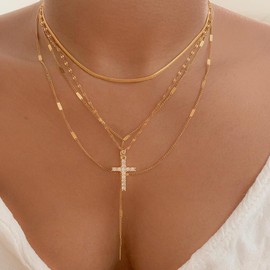 Evabelle Gold Layered Necklace for Women Trendy Jewelry 14K Real Gold Plated Chunky Chain Stackable Necklaces Dainty Choker Necklaces Rectangle Square Pendant