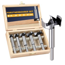 Forstner Drill Bit Set, 5-Piece Large Tungsten Steel Forstner Drill Bit with Centre Point, Wood Drill Bit Set with Storage Case, for Wood and Hardwood, Includes Diameter 15/20/25/30/35 mm, Length 88