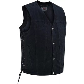 Vance MEN'S BLACK DENIM MOTORCYCLE V NECK VEST WITH SIDE LACES 2 GUN POCKETS - Regular, M