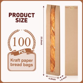 Bakbania 100 Pack Paper Baguette Bread Loaf Packing Bakery Storage Bags with Window for Homemade Bread