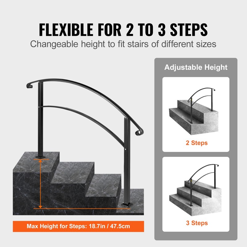 VEVOR Adjustable Metal Staircase Handrail for Outdoor Steps, 2-3 Steps