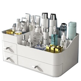 POFUOT skin care organizer,Makeup Desk Organizer With Drawers,Countertop Organizer for Cosmetics,Vanity brush with Holder for Lipstick, Brushes, Eyeshadow, and Desktop Finishing Dresser (D-White)