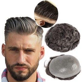 LLWear Toupee for men Human Hair and 0.03mm Super Thin Skin All V-looped Technology with 8x10 Inch Base Cap Hair Pieces Replacement system for men #1B20(with20% white hair)