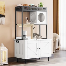 YITAHOME Cat Litter Box Enclosure with Shelves and Charging Station, Large Hidden Wooden Cabinet with Scratch Post, Feeding Station, and House Condo, White