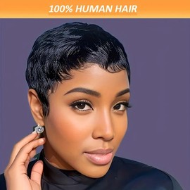 Tgezer Pixie Cut Wig Human Hair Short Straight Bob Wig for Black Women 100% Brazilian Human Hair Full Machine Made Wigs Natural Black Color 1B#