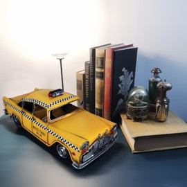 GENUINQ Retro Handmade Yellow NYC Classic Checkered Taxi Cab Model 11" L New York City Taxi Model Hand Made Metal Collectible Vehicle Model for Showcase Decor