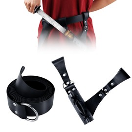 PEUTIER Medieval Sword Holster Belt Set, Medieval Leather Dagger Frog Belt Adjustable Sword Frog Holster with Belt for Knight Warrior Pirate Cosplay Men Women (Black)