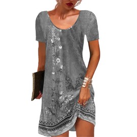 GRMLRPT Women's Short Sleeve Round Neck Dress Bohemian Flowers Summer Dresses Mini Dress Floral Print Loose Tunic Casual Dress (Multicoloured, S-XXL), D-grey
