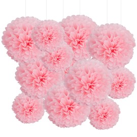GAKA FAVOR Set of 12 Tissue Paper Pompoms Set, Pink Tissue Hanging Decoration Paper Pompoms Decoration for Wedding, Christening, Birthday, Communion, Valentine's Day, Mother's Day Party Decoration