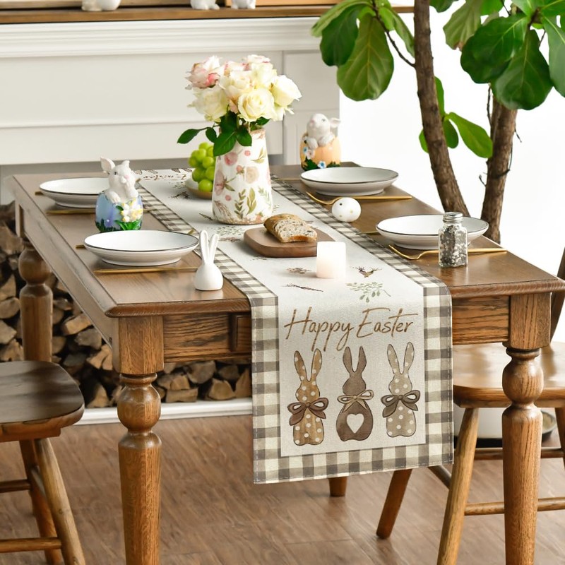Artoid Mode Buffalo Plaid Carrots Rabbits Easter Table Runner, Seasonal