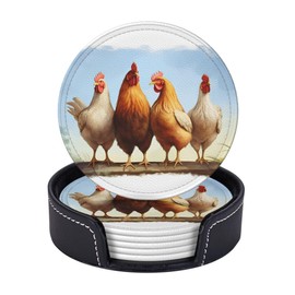 Niukom 6 Pcs Chicken and Roosters Watercolor Farm Animal Leather Coasters for Drinks with Holder Coaster Sets Drink Table Cup Coasters for Living Room Kitchen Coffee Decor