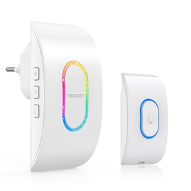 TECKNET Wireless Bell, IP65 Waterproof Doorbell Set, Over 400 m Wireless Range, Wireless Doorbell Kit, 60 Melodies, 5 Volume Levels, Wireless Doorbell with RGB Flash, White