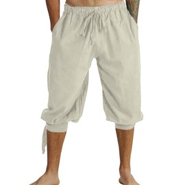 GRAJTCIN Mens Medieval Pirate Linen Costume Shorts Renaissance Viking Lace Up Cosplay Pants (Size M, Beige)