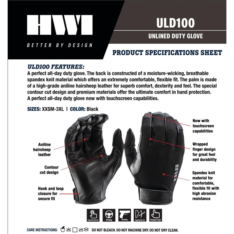 HWI Gear ULD100 Unlined Duty Glove, Touchscreen Capable, Protection, Driving,