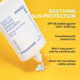 innisfree Daily Mineral UV Defense SPF 45 Face Sunscreen with Green Tint, Hyaluronic Acid, Korean Skincare, Color Correcting Formula