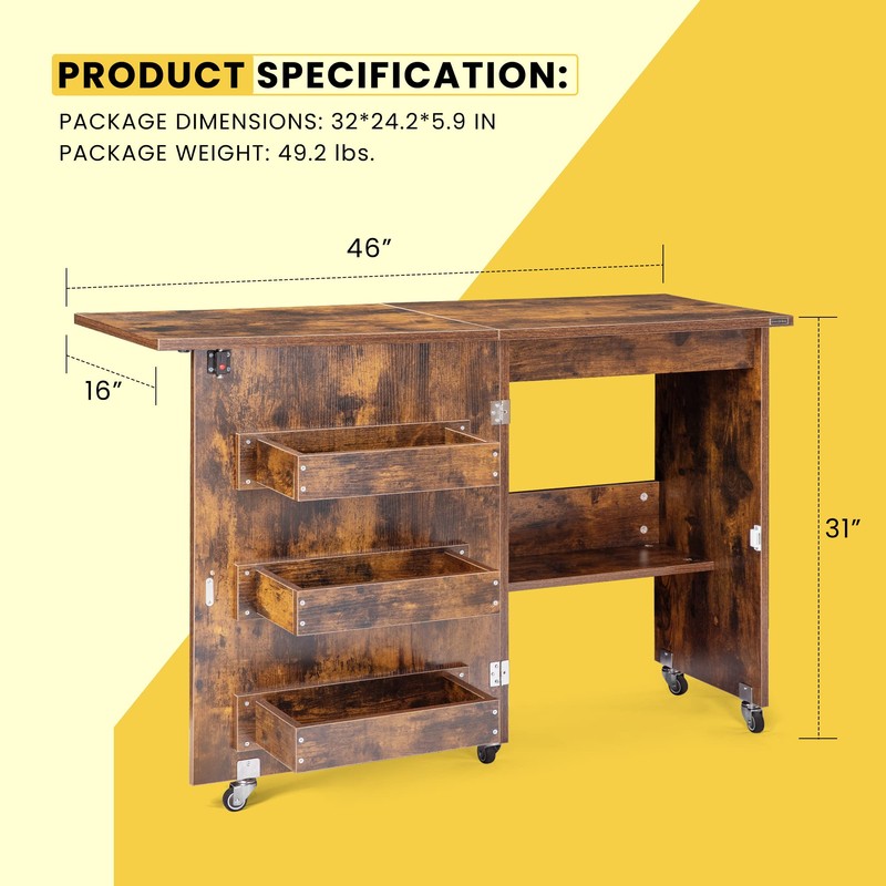 VIVOHOME Folding Sewing Craft Table, Rolling Sewing Machine Desk with