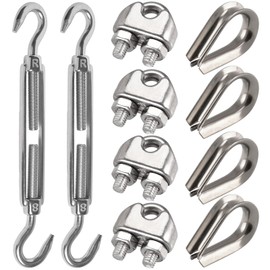 Leaum Pack of 10 Turnbuckles M8 Wire Tensioner Set with Stainless Steel Turnbuckle M8, Wire Rope Clamp 8 mm Stainless Steel and Wire Rope Thimbles 8 mm for Tightened Rope