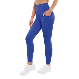 BRXL Womens High Waisted Yoga Athletic Leggings Tummy Control Compression Butter Workout Legging Pants Side Pockets Blue-Royal