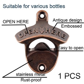 Jumiok Vintage Wall Bottle Opener Post Mounted Beer Cap Opener Antique Copper Gift