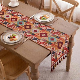 Clothfuna Runner per tavolo da pranzo in stile bohémien, runner per tavolino da caffè arancione autunnale, runner indiano per tavolo in stile etnico con nappe, per tavolo da pranzo, credenza, feste e
