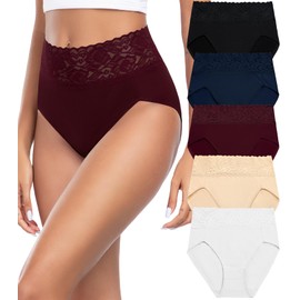Wealurre Womens Underwear Cotton Bikini Panties for Women High Waisted Lace Hipster Stretch Briefs for Ladies 5 Pack(6005S,Wine Red)