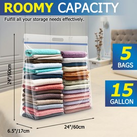 15 Gallon Large Storage Bags, 3.5 Mil Thick Clear Plastic Zipper Bags with Handles, 24" x 24" Large Heavy Duty for Home, Travel, and Moving (5 Packs)