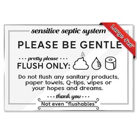 Essentials for Hosts–Please Be Gentle, Do Not Flush Any Sanitary Products Sign–4"x6" Acrylic Bathroom Sign with Mounting Tape – Septic System Care Reminder for Bathrooms – Durable, Easy-to-Read Design