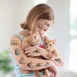 Cat Temporary Tattoos | Birthday Cat Birthday Party Decorations Party Favors Supplies Accessories Décor Stickers Gift Idea For Kids Teen Boy Girl Adult 60Pcs 4 Sheets Pre-cut