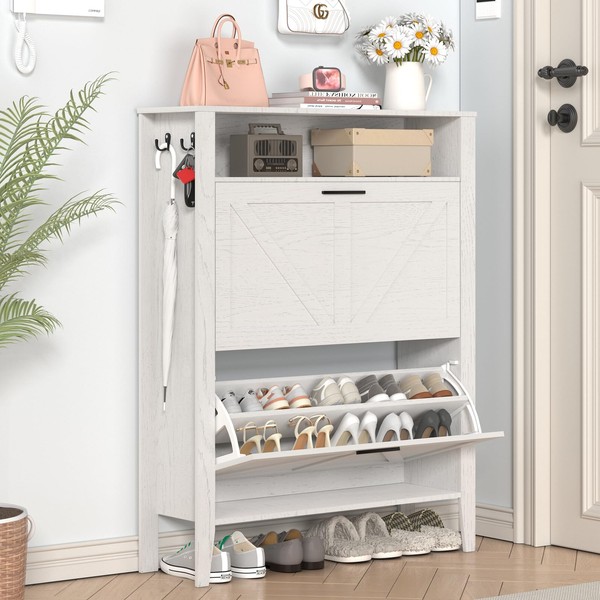 UVANIOHOM Shoe Cabinet with 2 Flip Drawers & Open Storage,