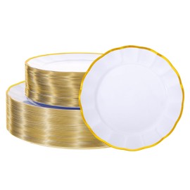 supernal 60 pcs White and Gold Plastic Plates for Party Fancy Elegant Scalloped Plates Heavy Duty Bridal Shower Plate Wedding Disposable Dinnerware Included 30 Gold Dessert Plate and 30 Dinner Plate