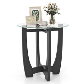 Giantex Glass End Table, Round Side Table with Rubber Wood Frame & Tempered Glass Top, 23.5" Small Black Coffee Table, Modern Glass Nightstand for Living Room Balcony Bedroom, Easy Assembly