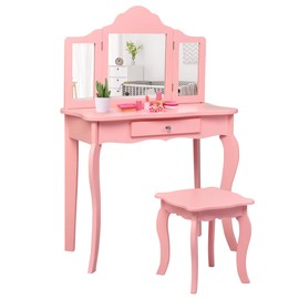 Costzon Kids Wooden Vanity Table & Stool Set, 2 in 1 Detachable Design with Dressing Table and Writing Desk, Princess Makeup Dressing Table with Two 180° Folding Mirror, for Girls, Kids (Pink)