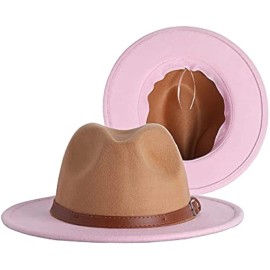 Unbranded Men Women Two Tone Wide Brim Fedora Felt Panama Hat with Belt Buckle