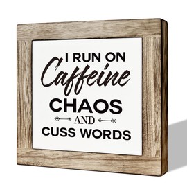 Coffee Sign, Funny Coffee Quotes, I Run On Caffeine Chaos And Cuss Words, Coffee Decor Set, Wooden Box Signs for Home Decor, Modern Farmhouse Coffee Decor, Coffee Kitchen Shelf Decor