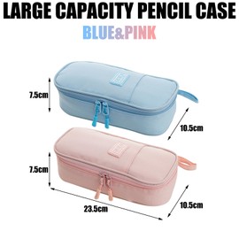 JSTHHTT 2 Pieces Large Pencil Case for Girls, Big Capacity Pencil Pouch, Stationery Organizer, Portable Office Stationery Makeup Bag Pouch, Blue, Pink