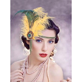 IYOU Vintage Feather Flapper Headband Rhinestone Gold Gasty Headbands Crystal Tassel Festival Wedding 1920s Hair Accessories for Women