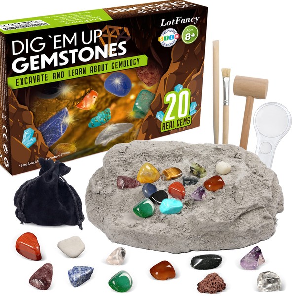 LotFancy Gemstone Dig Kit, Excavate 20 Real Gemstones Including Crystal Amethyst Topaz, STEM Educational Toy Science Kit, Kids, Great Gift for Boys Girls Adults with Storage Pouch, Mining Tools,Adult