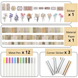 Vienrose Scrapbooking Supplies Kit, Aesthetic Scrapbook Accessories with Stickers, Textured Papers, 12 Metal Pens and 3 Corner Stickers, Art Journaling Supplies for Scrapbook Album, Bullet Journaling