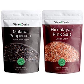 Viva Doria Malabar Whole Black Peppercorns, 12 Oz & Himalayan Pink Salt, Coarse Grain, 2 lb | Mineral Salt & Whole Black Pepper | Combo Pack | Grinder Refill Pack | Refills for Grinders