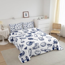 Feelyou Twin Size Basketball Bedding Set Boys Girls Volleyball Comforter Set for Kids Football Gaming Comforter Sports Game Blue and White Duvet Set Room Decor Quilt Set with 1 Pillow Case