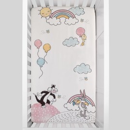 Warner Brothers Looney Tunes Best Buds White, Pastel Blue, Pink, and Yellow Bugs Bunny, Tweety, and Sylvester The Cat Photo-Op Fitted Crib Sheet