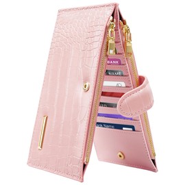 Simikol Wallet Women Crocodile Large Capacity Wallets RFID Blocking Multi Card Organizer Womens Billfold Long Purse Credit Cards Holder with Double Zipper,Pink