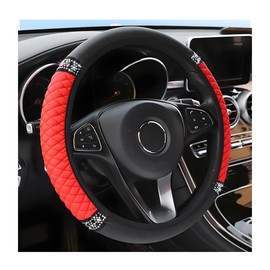Osilly Bling Car Steering Wheel Cover, 15 Inch Rhinestones Soft Leather Elastic Steering Wheel Protector, Sparkly Crystal Diamond for Women Girls, Car Interior Accessories for Most Cars (Red)