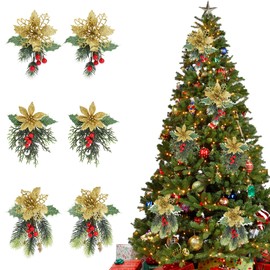 Bekecidi 6PCS Christmas Glitter Poinsettia Flowers Artificial Berry Branch Poinsettia Artificial Flowers Gold Christmas Tree Flowers with Clips for Winter Christmas Wedding Party Decoration (gold)