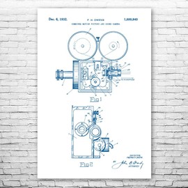 Motion Picture Camera Poster Print, Hollywood Decor, Film Director, Actor Gift, Home Theater Art, Cameraman Gift Blue & White (12 inch x 16 inch)